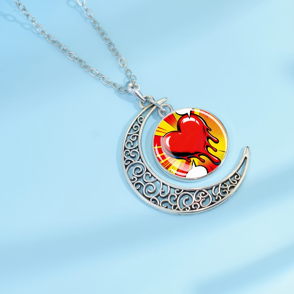 Women's Heart Pattern Crescent Moon Necklace, Statement Gift